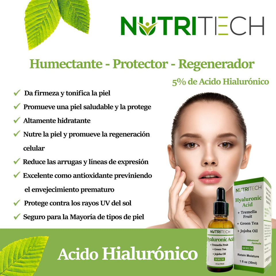 Suero facial de Acido Hialuronico para evitar el envejecimiento e hidratar la piel, con te verde, aceite de jojoba, calidad Premium
