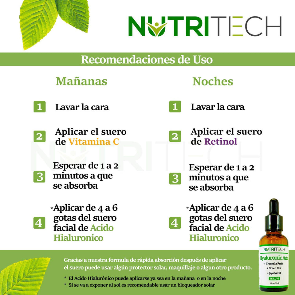 Suero facial de Acido Hialuronico para evitar el envejecimiento e hidratar la piel, con te verde, aceite de jojoba, calidad Premium